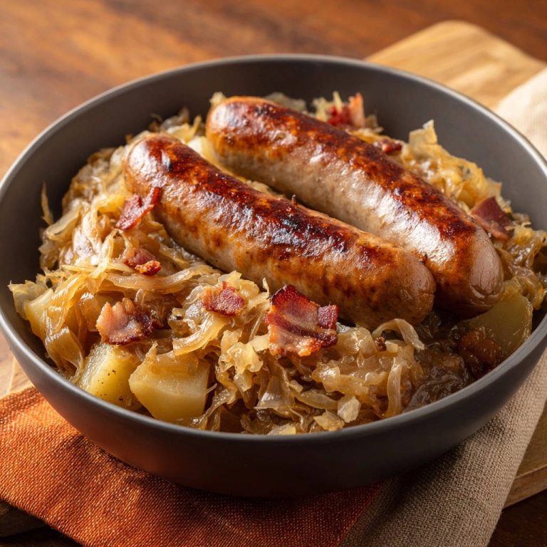 Herzhafte Bratwurst-Pfanne mit Speckkraut und Kartoffeln, hier als Nahaufnahme in einer Schüssel mit zwei saftigen Bratwürsten.