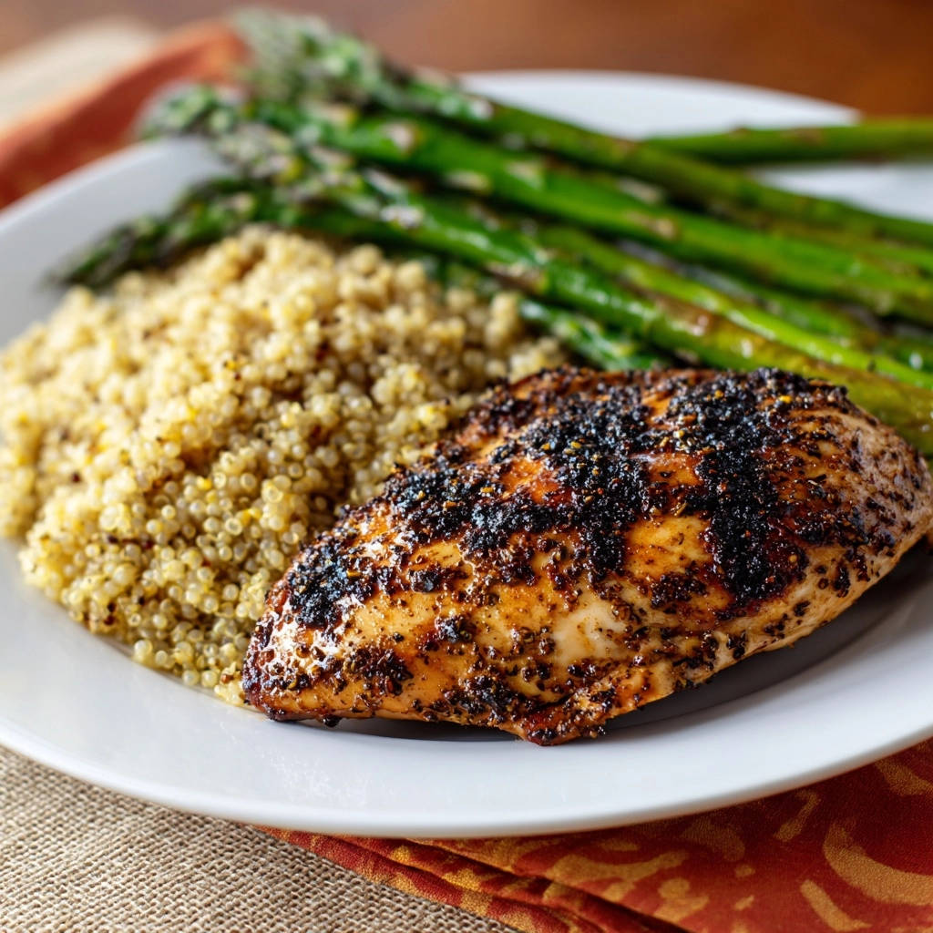 Saftiges Cajun-Hähnchen mit Quinoa und Spargel, serviert auf einem weißen Teller und bereit zum Genuss.