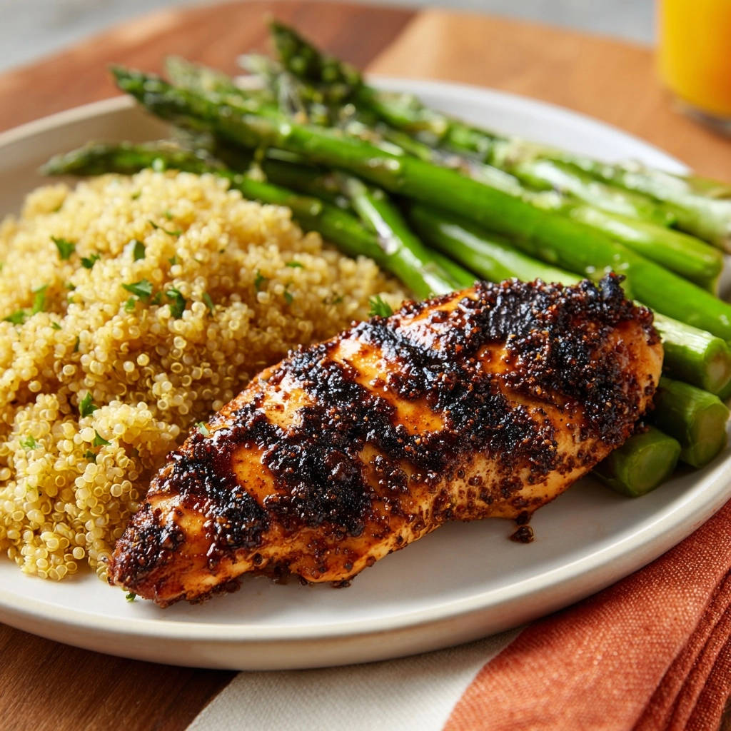 Saftiges Cajun-Hähnchen mit Quinoa und Spargel, serviert auf einem Teller in Nahaufnahme.