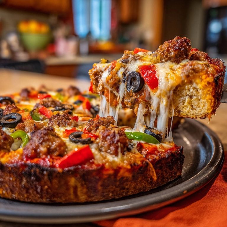 Chicago Style Deep-Dish Pizza angeschnitten mit einem langen Käsefaden, belegt mit Wurst, Paprika und Oliven.