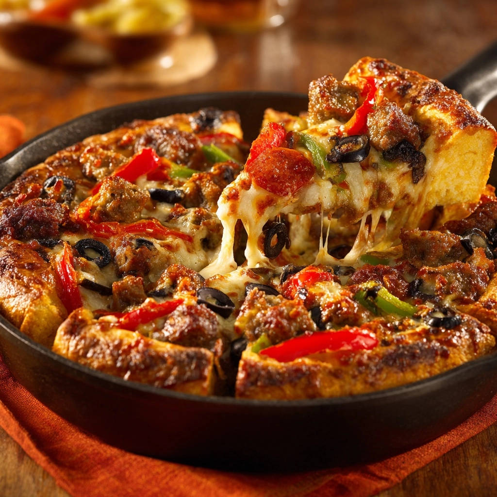 Chicago Style Deep Dish Pizza Slice Pull 1 Chicago Style Deep-Dish Pizza mit einem Stück, das mit geschmolzenem Käse herausgezogen wird