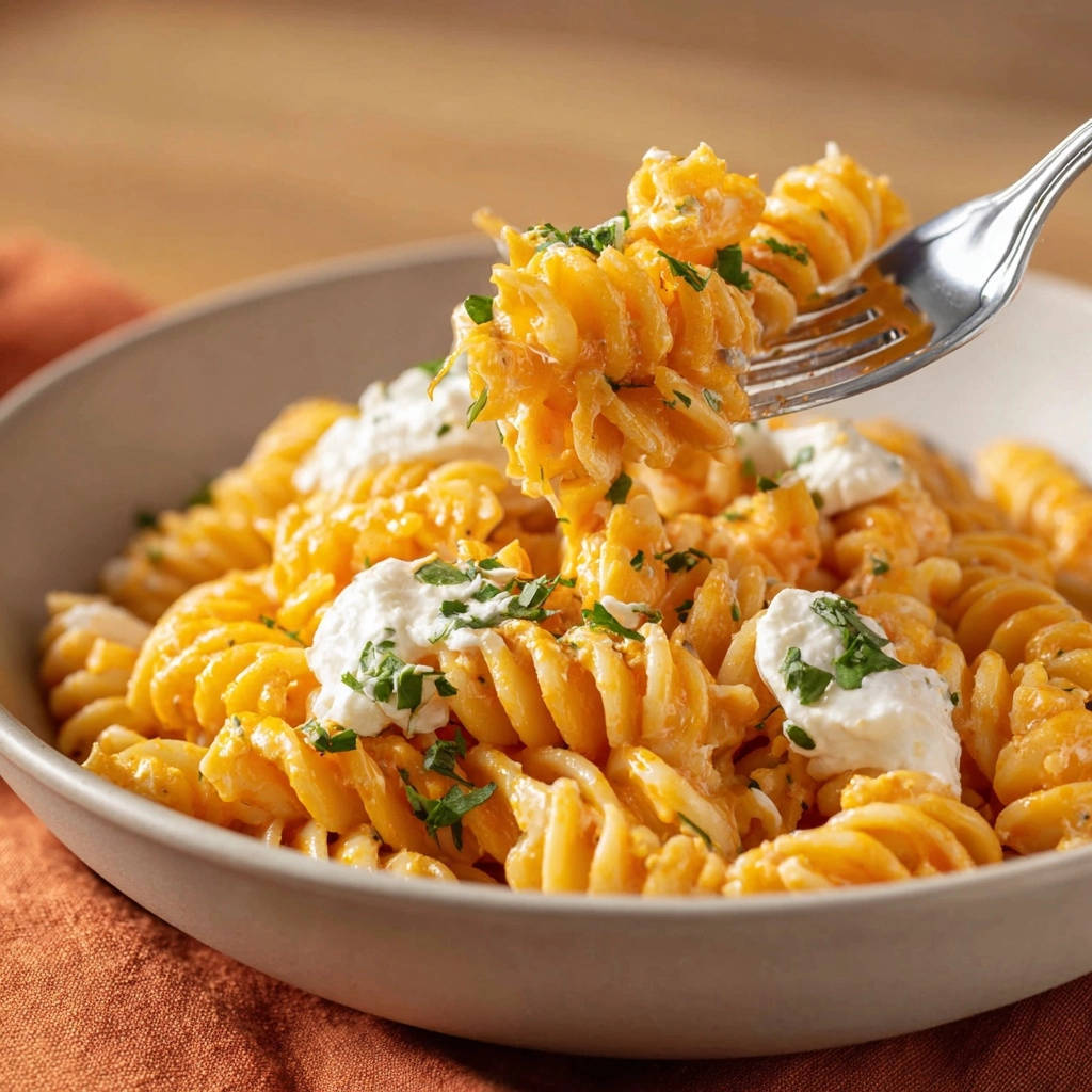 Cremige Kürbis-Käse-Fusilli mit Ricotta, detailnah mit einer Gabel aufgespießt und mit Petersilie garniert.