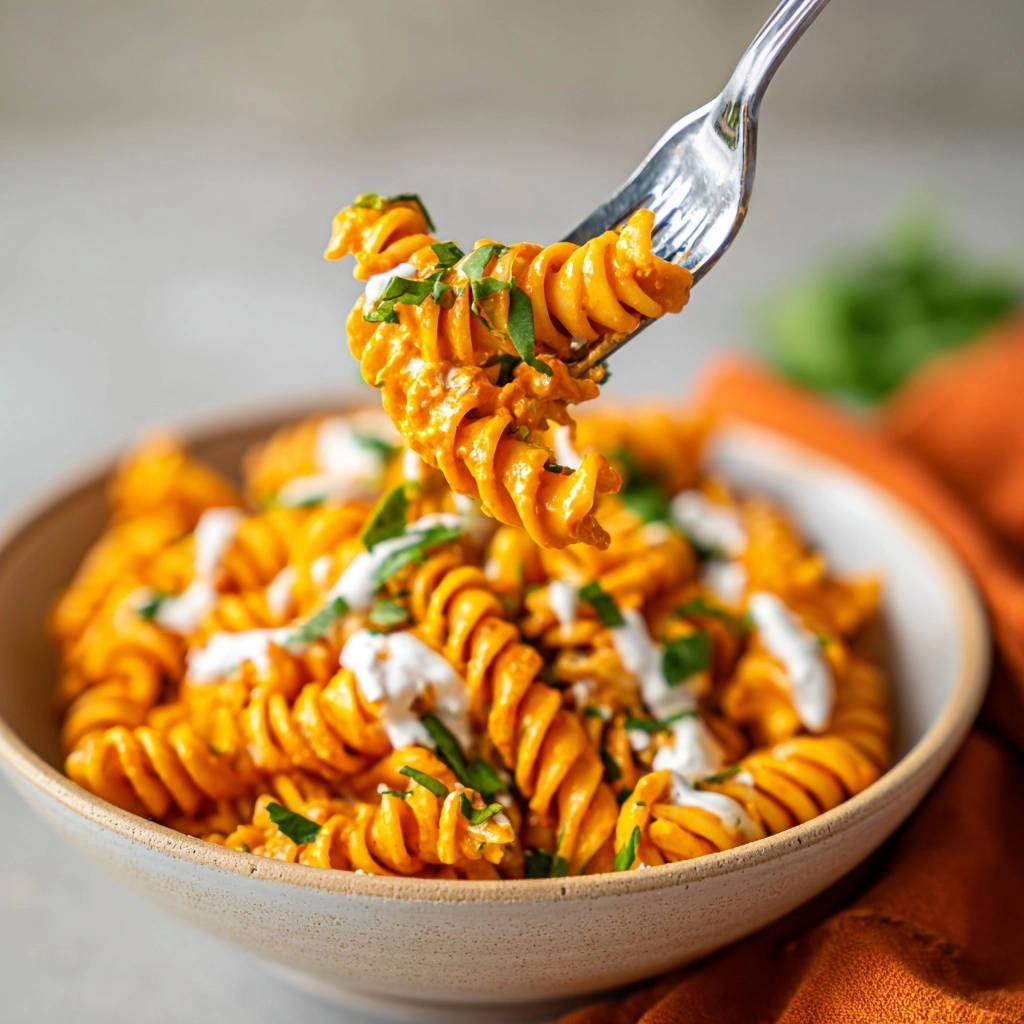 Cremige Kürbis-Käse-Fusilli mit Ricotta, eine Gabel hebt eine Portion mit frischen Kräutern und Ricotta hervor.
