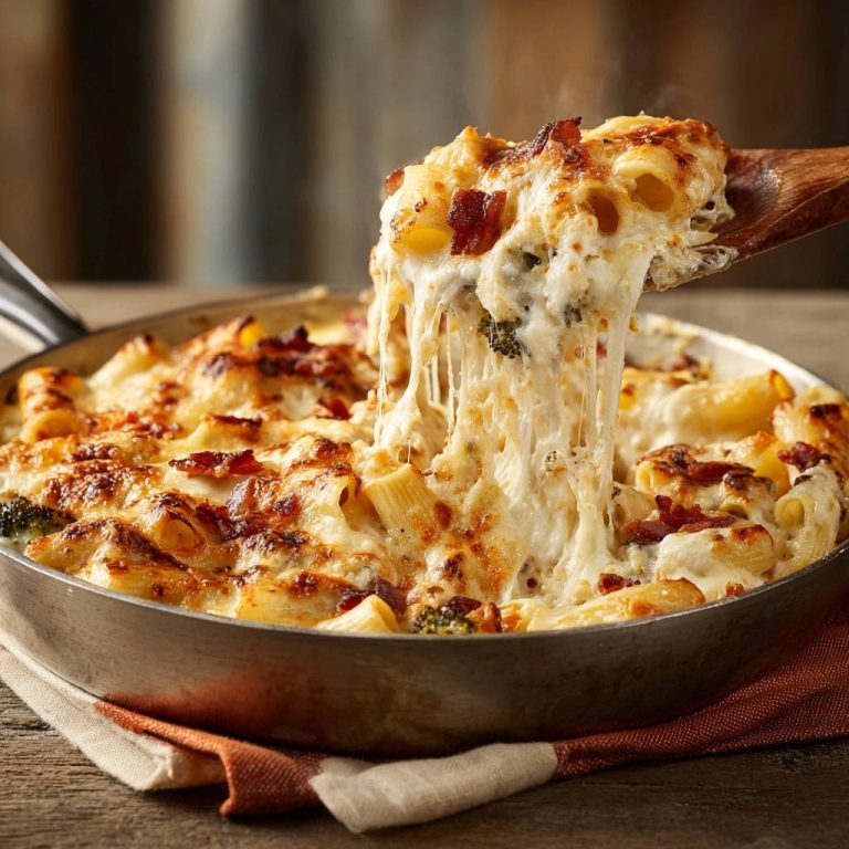 Cremiger Nudelauflauf mit Brokkoli und Bacon, der mit einem Holzlöffel aus der Pfanne serviert wird und geschmolzenen Käse zeigt.