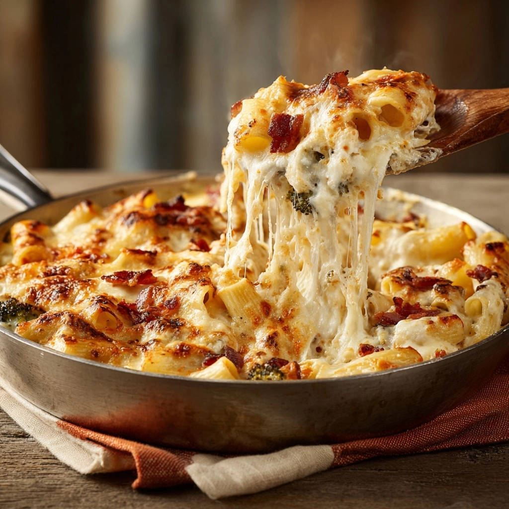 Cremiger Nudelauflauf mit Brokkoli und Bacon, der mit einem Holzlöffel aus der Pfanne serviert wird und geschmolzenen Käse zeigt.