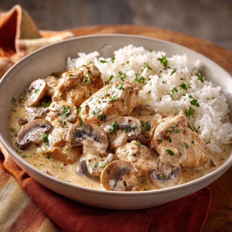Cremiges Pilz-Hähnchen mit Reis, Nahaufnahme der zarten Hähnchenstücke in cremiger Pilzsauce mit Reis.