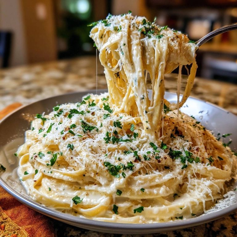 Cremige Fettuccine Alfredo mit einer Gabel voller Nudeln, bestreut mit Parmesan und Petersilie.