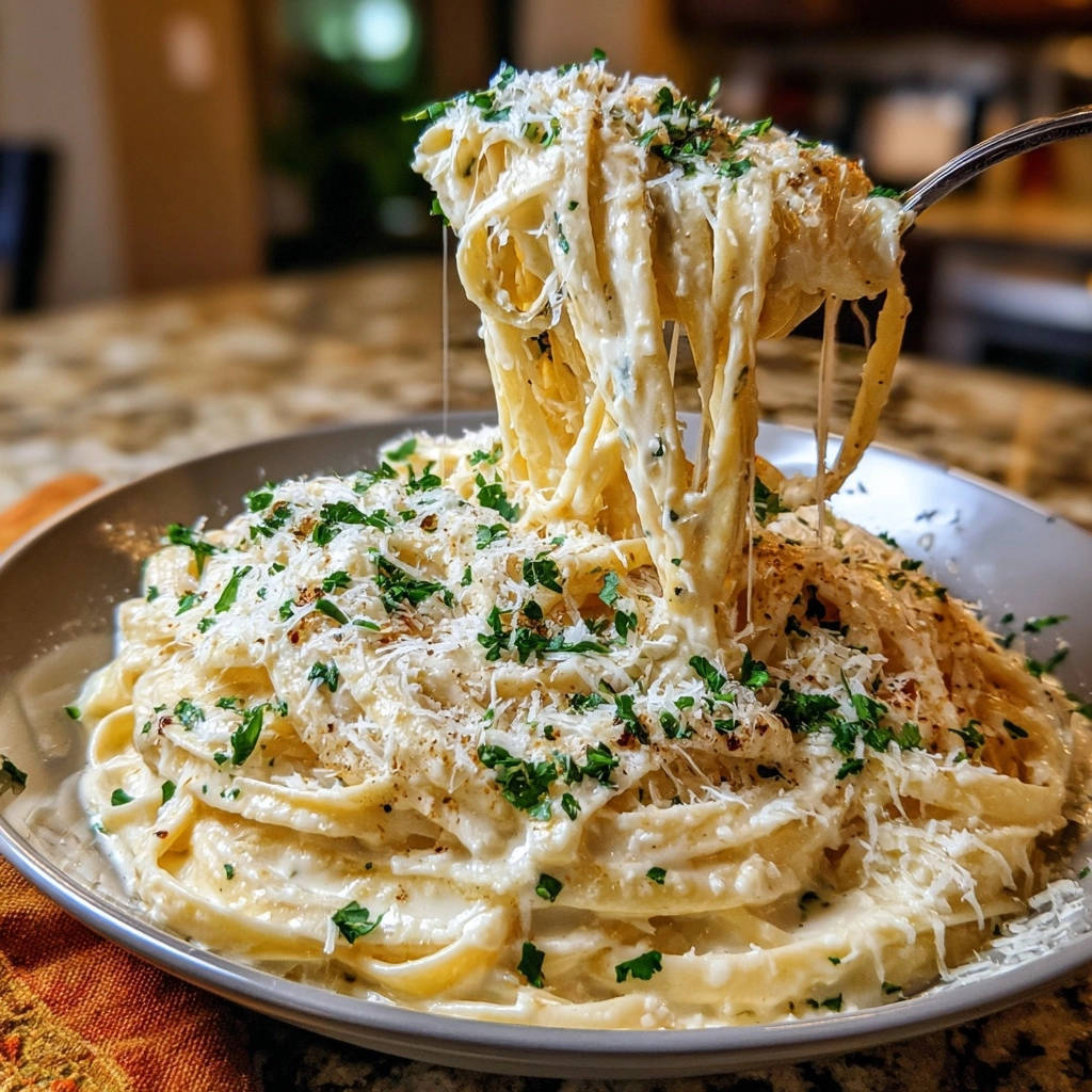 Cremige Fettuccine Alfredo mit einer Gabel voller Nudeln, bestreut mit Parmesan und Petersilie.