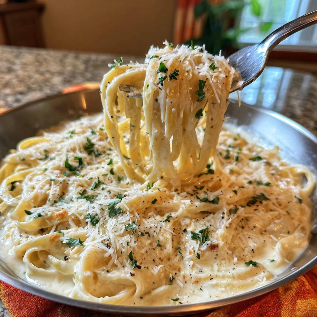Cremige Fettuccine Alfredo, die von einer Gabel mit Parmesan und Petersilie hochgehoben werden, eine Nahaufnahme.
