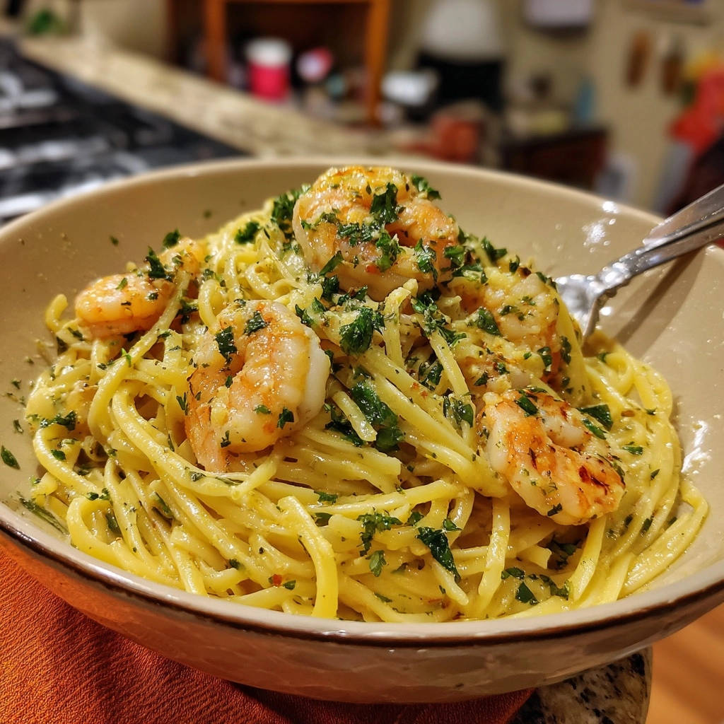 Cremige Garnelen Fettuccine Nahaufnahme Teller 1 Cremige Garnelen-Fettuccine mit frischer Petersilie, nah aufgenommen in einem Teller mit einer Gabel.
