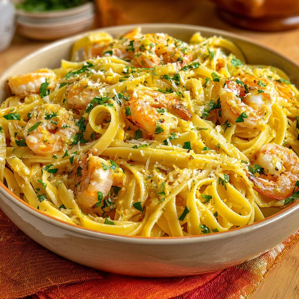 Cremige Garnelen-Fettuccine mit frischer Petersilie und Parmesan, serviert in einer Schüssel aus der Nähe.