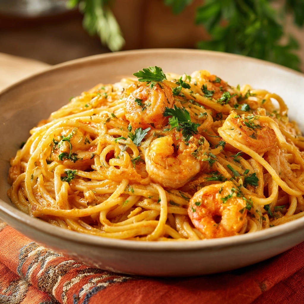 Cremige Garnelen-Pasta mit Garnelen und Petersilie, nahaufnahme auf einem Teller serviert.