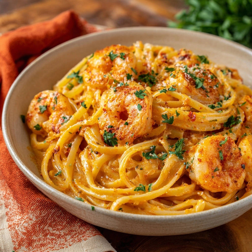 Cremige Knoblauch-Garnelen-Pasta in einer Schüssel, garniert mit Petersilie und Parmesan, Nahaufnahme von oben.