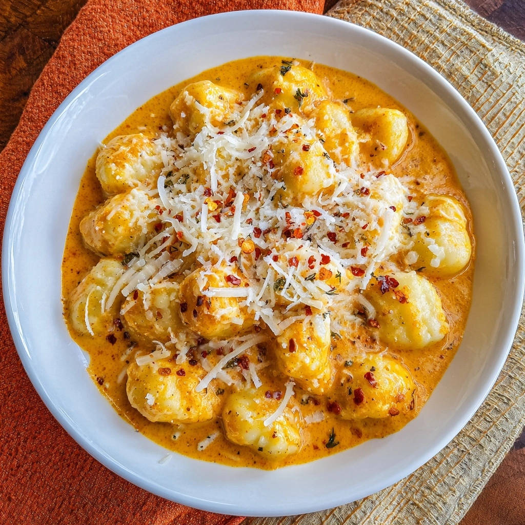 Cremige Gnocchi in Rosé-Soße, eine Nahaufnahme mit geriebenem Käse und Chiliflocken garniert, serviert in einer weißen Schüssel.