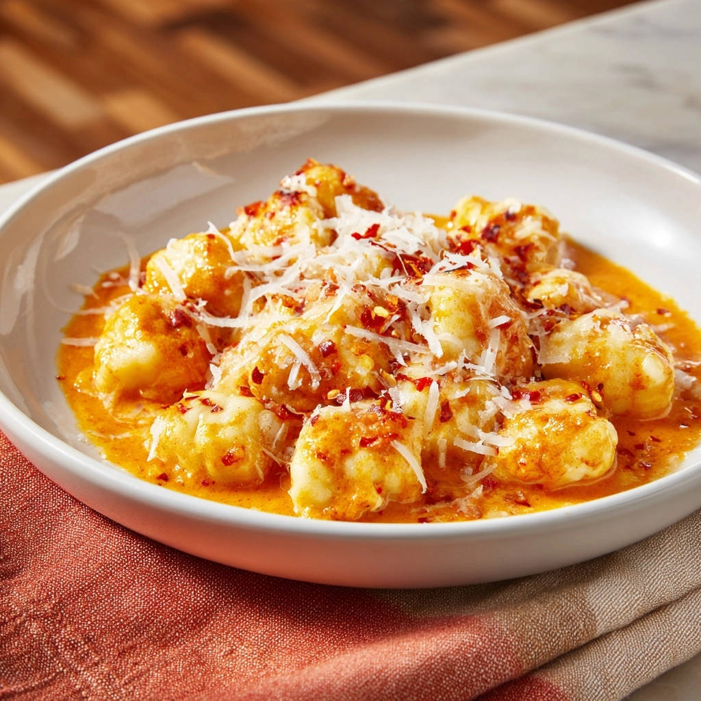 Cremige Gnocchi Rose Soe Detail Kaese Chili 1 Cremige Gnocchi in Rosé-Soße mit darüber gestreutem Parmesan und Chiliflocken, Nahaufnahme.