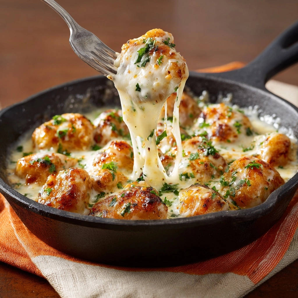 Cremige Haehnchenbaellchen Kaese Krutersauce Ksefden 1 Cremige Hähnchenbällchen in Käse-Kräutersauce mit langen Käsefäden, die von einer Gabel gezogen werden.