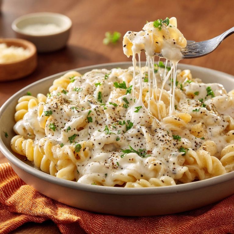 Cremige Käse-Fusilli mit zartem Käsezug, garniert mit Petersilie und frisch gemahlenem Pfeffer.