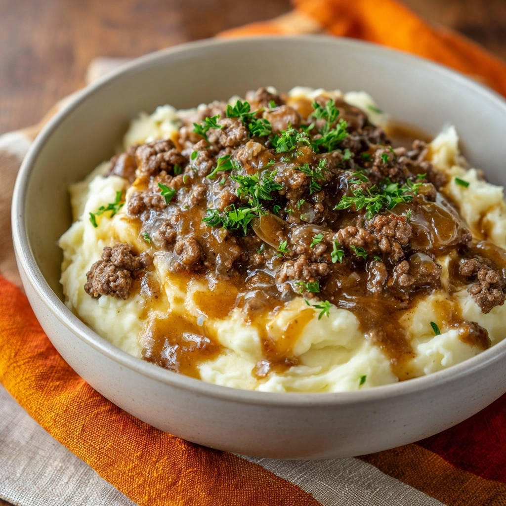Cremige Kartoffeln mit herzhaftem Hackfleisch-Topping, detailreiche Nahaufnahme des saftigen Gerichts mit frischer Petersilie garniert.