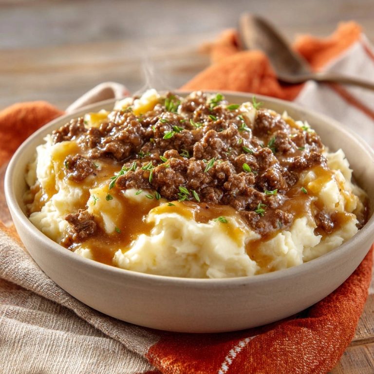 Cremige Kartoffeln mit herzhaftem Hackfleisch-Topping, heiss und dampfend in einer Schüssel serviert.