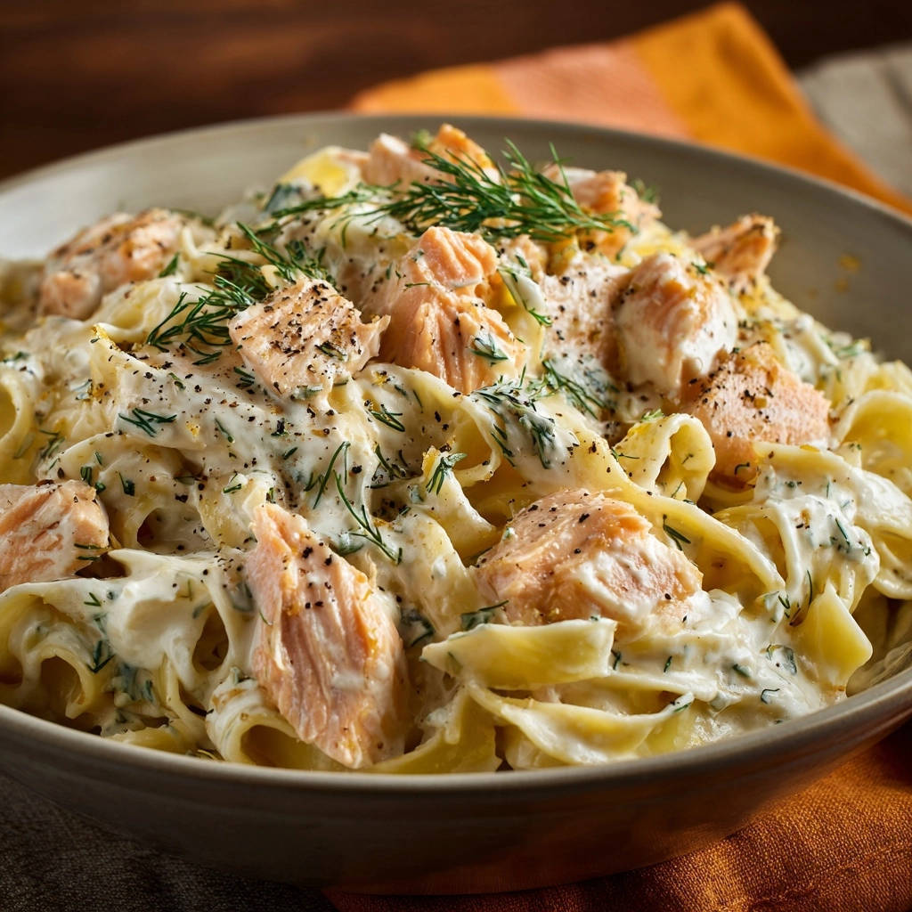Cremige Lachs-Tagliatelle mit frischem Dill und schwarzem Pfeffer, nahaufnahme der Garnitur.