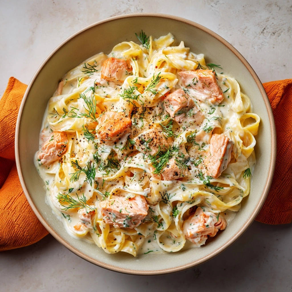 Cremige Lachs-Tagliatelle in einer Schüssel, von oben mit Lachs und Dill garniert serviert.