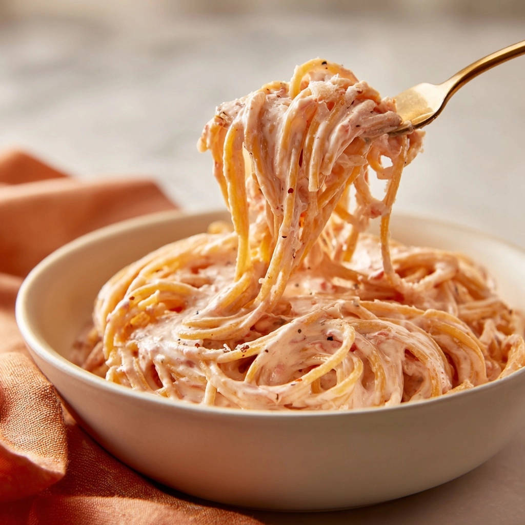 Cremige Tomaten-Sahne-Spaghetti, die von einer goldenen Gabel hochgehoben werden und die seidige Sauce zeigen.