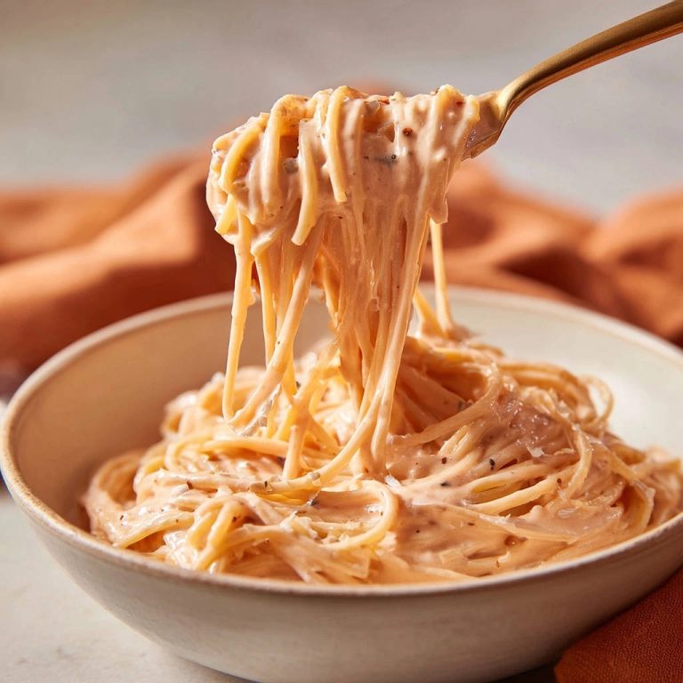 Cremige Tomaten-Sahne-Spaghetti werden mit einer goldenen Gabel aus der Schüssel gehoben, was die seidige Textur zeigt.