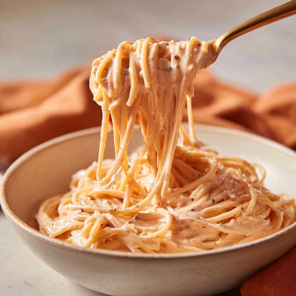 Cremige Tomaten-Sahne-Spaghetti werden mit einer goldenen Gabel aus der Schüssel gehoben, was die seidige Textur zeigt.