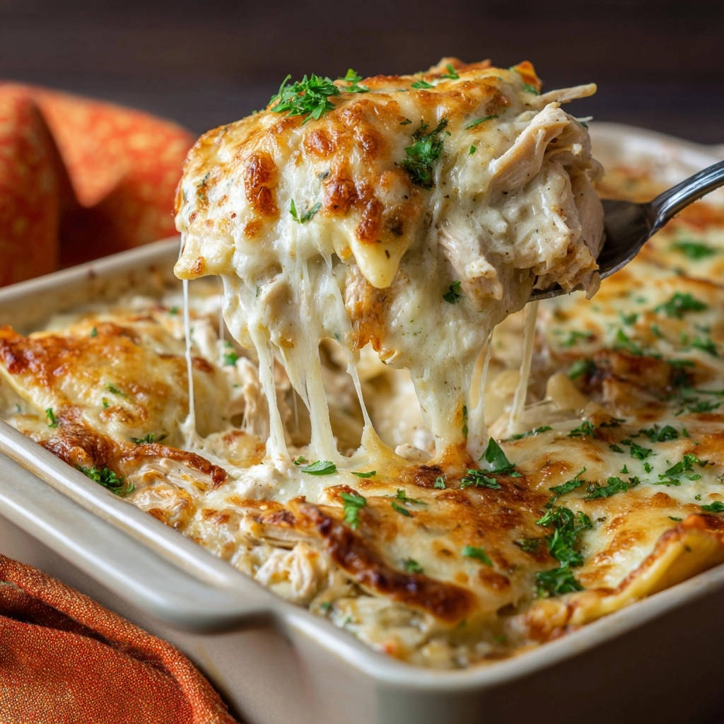 Cremiger Hähnchen-Auflauf mit goldbrauner Käsehaube, bei dem geschmolzener Käse Fäden zieht, frisch aus dem Ofen.