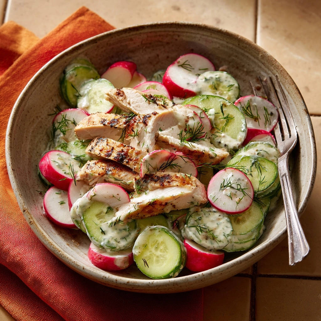 Cremiger Hähnchen-Radieschen-Salat mit Dill, nahaufnahme der geschnittenen Hähnchenbrust auf Gurken und Radieschen in cremiger Sauce.
