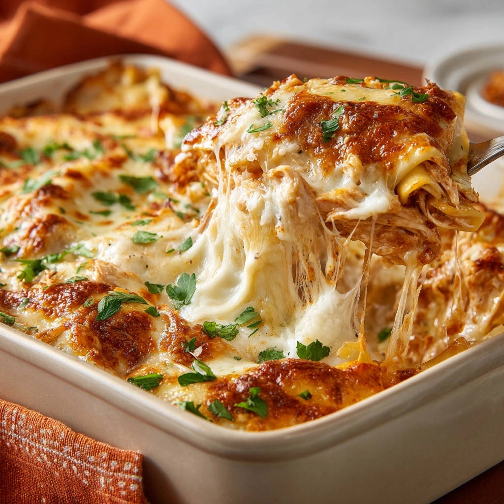 Cremiger Hähnchen-Auflauf mit goldbrauner Käsehaube, dessen geschmolzener Käse beim Anheben Fäden zieht.