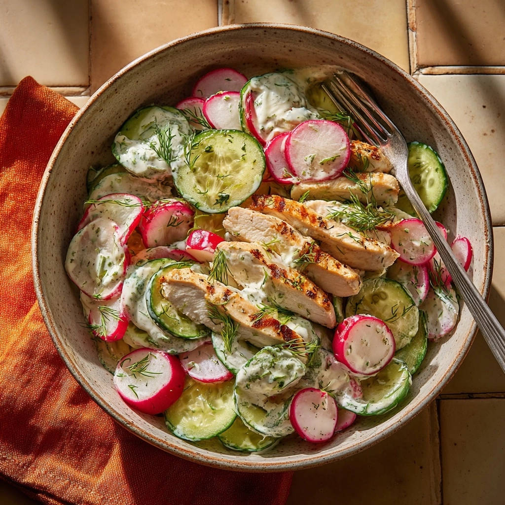 Cremiger Hähnchen-Radieschen-Salat mit Dill, von oben in einer Schüssel mit Gabel serviert.