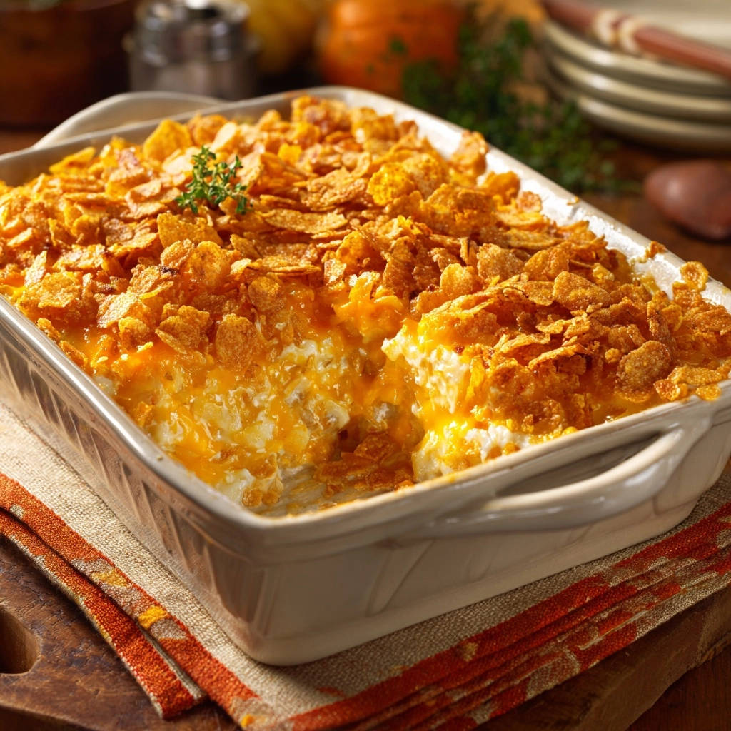 Cremiger Kartoffel-Käse-Auflauf mit perfekt knuspriger Kruste aus zerdrückten Cornflakes, Nahaufnahme des Inneren.