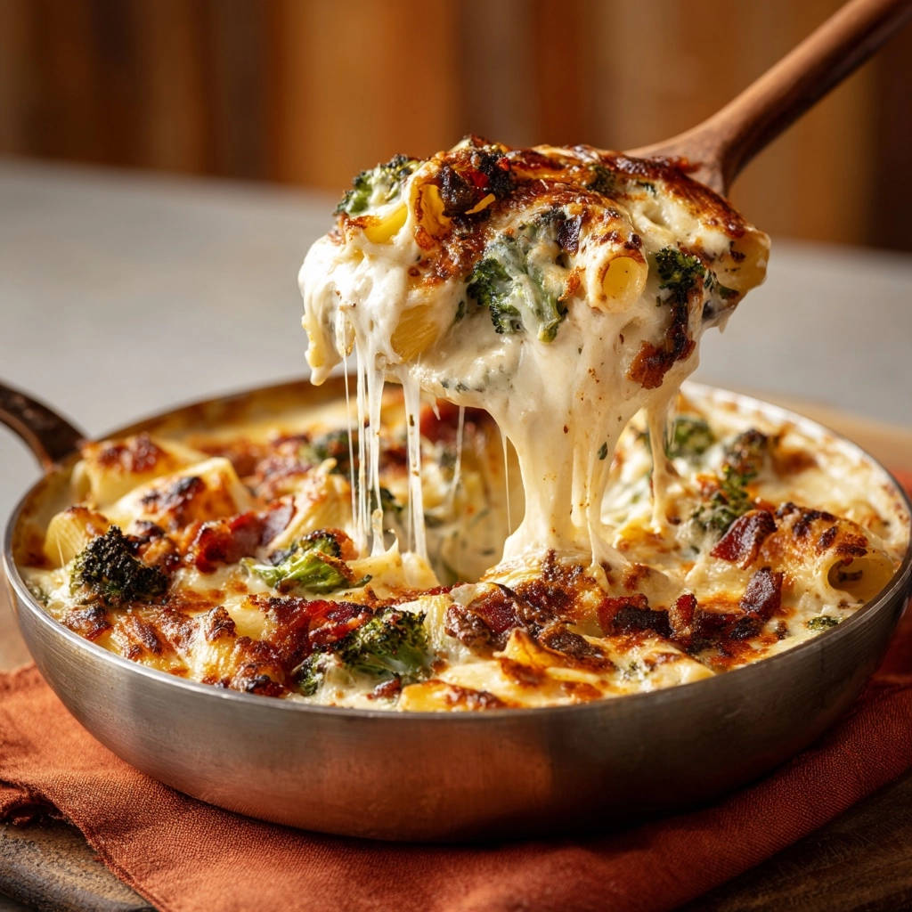 Cremiger Nudelauflauf mit Brokkoli und Bacon, von dem gerade mit einem Holzlöffel eine heiße Käseziehe gezogen wird.