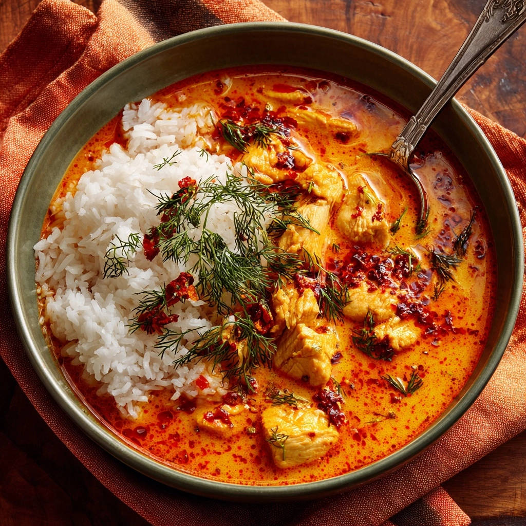 Cremiges Hähnchen-Curry mit Basmatireis, garniert mit frischem Dill und roten Chiliflocken, in einer grünen Schüssel.