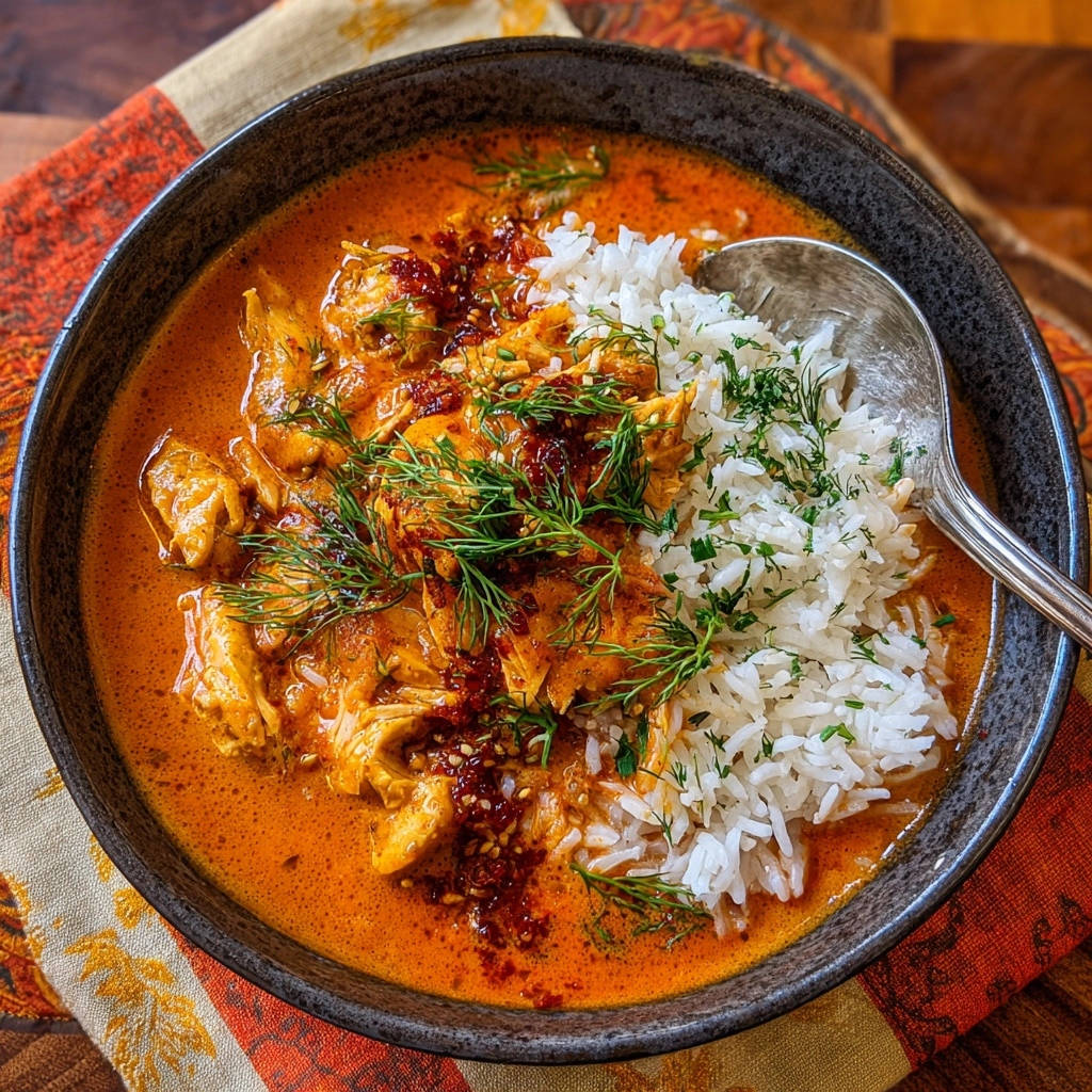 Cremiges Hähnchen-Curry mit Basmatireis als detaillierte Nahaufnahme mit frischer Dillgarnitur und scharfer Chili-Paste.