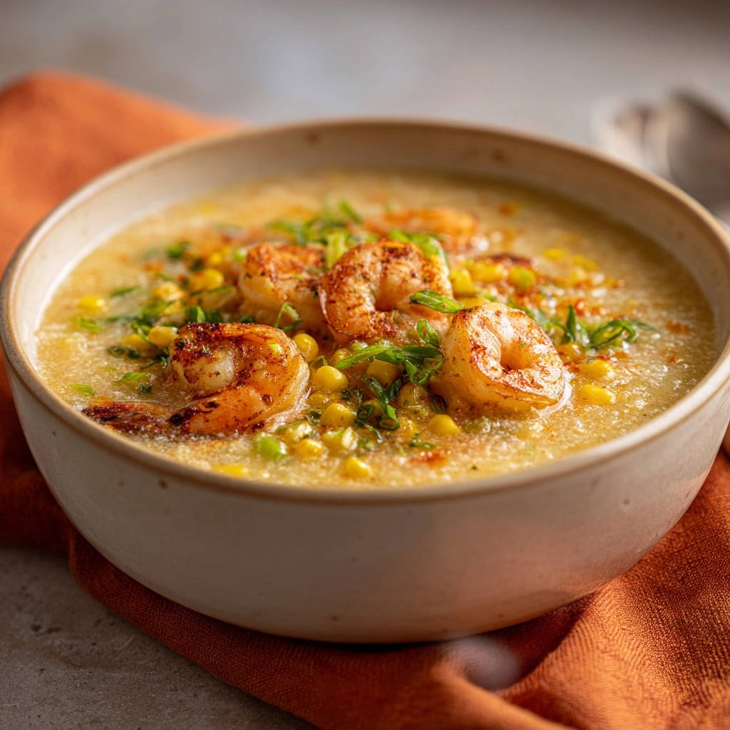 Cremiges Mais Garnelen Suppe Garniert 1 Cremiges Mais-Garnelen-Süppchen, garniert mit frischen Frühlingszwiebeln und würzigen Garnelen, serviert in einer Schüssel.