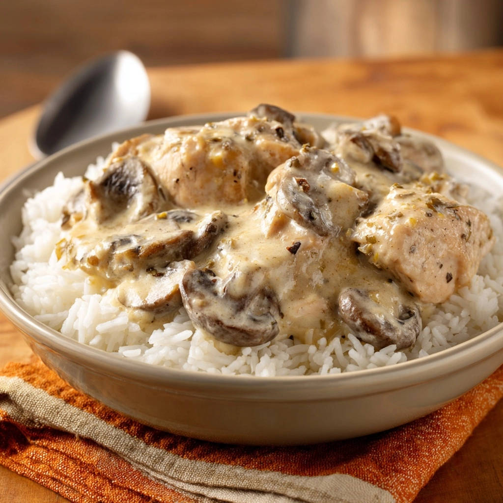 Cremiges Pilz Huhn Mit Reis Nahaufnahme 1 Cremiges Pilz-Hähnchen mit Reis, eine Nahaufnahme des cremigen Gerichts mit Pilzen und Hähnchenstücken auf weißem Reis.
