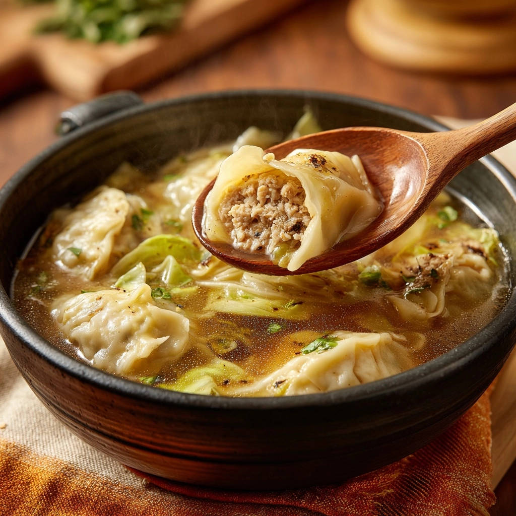 Dumpling Suppe Chinakohl Nahaufnahme Lffel 1 Herzhafte Dumpling-Suppe mit Chinakohl, ein Löffel hebt eine einzelne, gefüllte Dumpling aus der dampfenden Brühe.