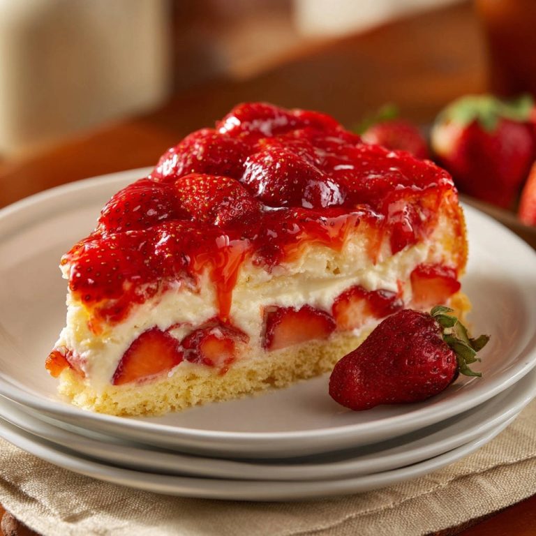 Saftige Erdbeer-Joghurt-Torte angeschnitten auf einem Teller, mit frischen Erdbeeren und Joghurtcreme.
