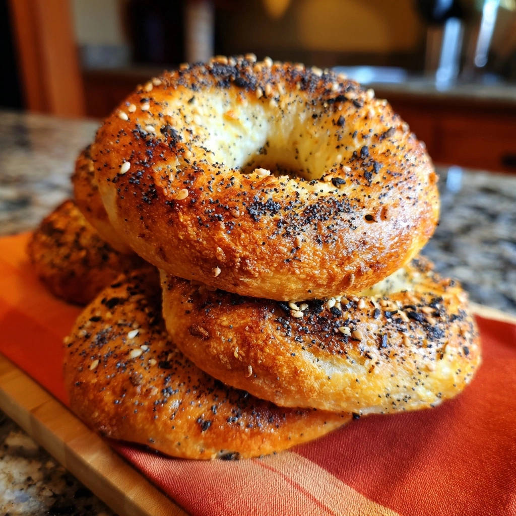 Authentische Everything Bagels als Stapel aus der Nahaufnahme mit Mohn und Sesam bestreut, frisch gebacken und bereit zum Servieren.