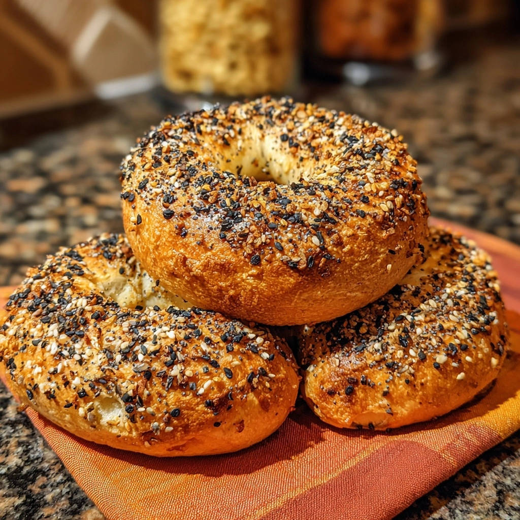 Authentische Everything Bagels als Stapel nah aufgenommen, mit vielen Samen und Gewürzen bedeckt.