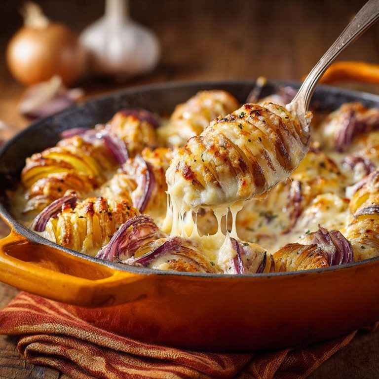 Saftige Fächerkartoffeln mit roten Zwiebeln und Käse, nahaufnahme eines servierten Stücks mit geschmolzenem Käse