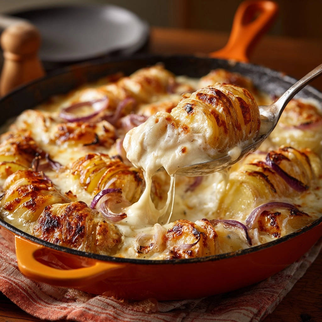Faecherkartoffeln Mit Kaese Nahaufnahme 1 Saftige Fächerkartoffeln mit roten Zwiebeln und Käse, eine Portion wird mit Käse serviert, nahaufnahme der geschmolzenen Käsesauce.