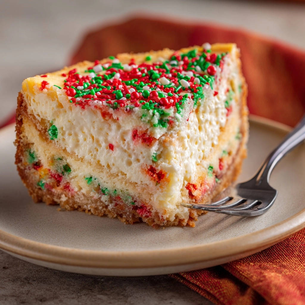 Festlicher Konfetti Kaesekuchen Angeschnitten Mit Streuseln 1 Festlicher Konfetti-Käsekuchen angeschnitten auf einem Teller mit roten und grünen Streuseln garniert, Nahaufnahme des cremigen Inneren.