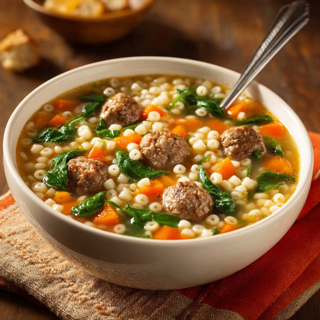 Herzhafte Fleischbällchen-Suppe mit kleinen Nudeln, Fleischbällchen, Karotten und Spinat in Nahaufnahme.