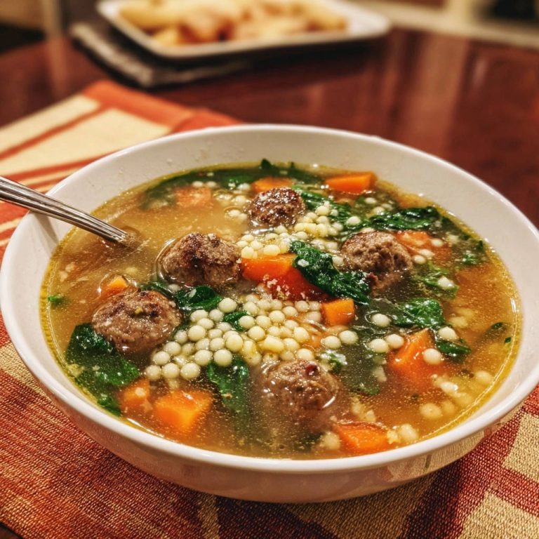 Herzhafte Fleischbällchen-Suppe mit kleinen Nudeln, Karotten und Spinat in einer Schüssel serviert.