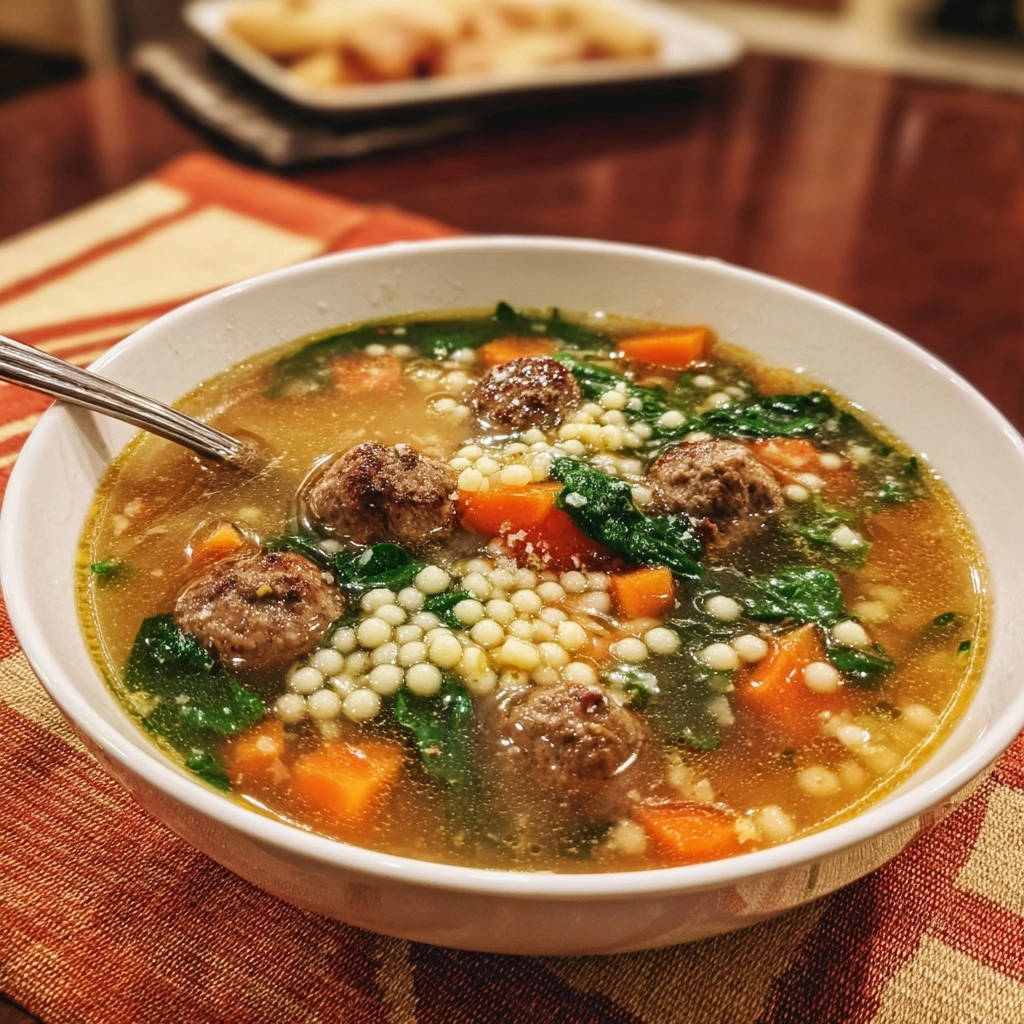 Herzhafte Fleischbällchen-Suppe mit kleinen Nudeln, Karotten und Spinat in einer Schüssel serviert.