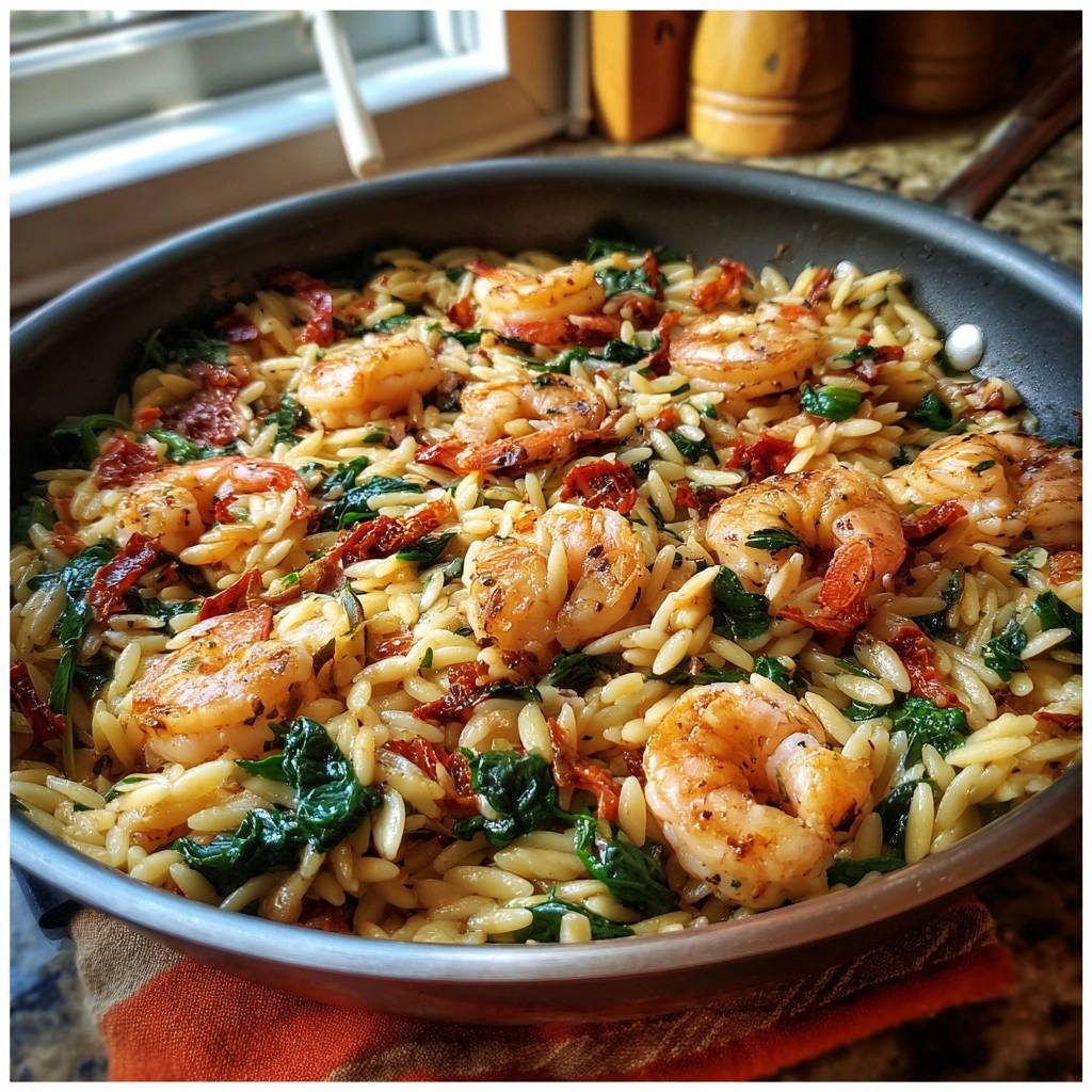 Garnelen Orzo Mit Spinat Und Getrockneten Tomaten Pfanne 1 Garnelen-Orzo mit Spinat und getrockneten Tomaten in einer Pfanne, Nahaufnahme der zubereiteten Nudeln mit Garnelen und Gemüse.