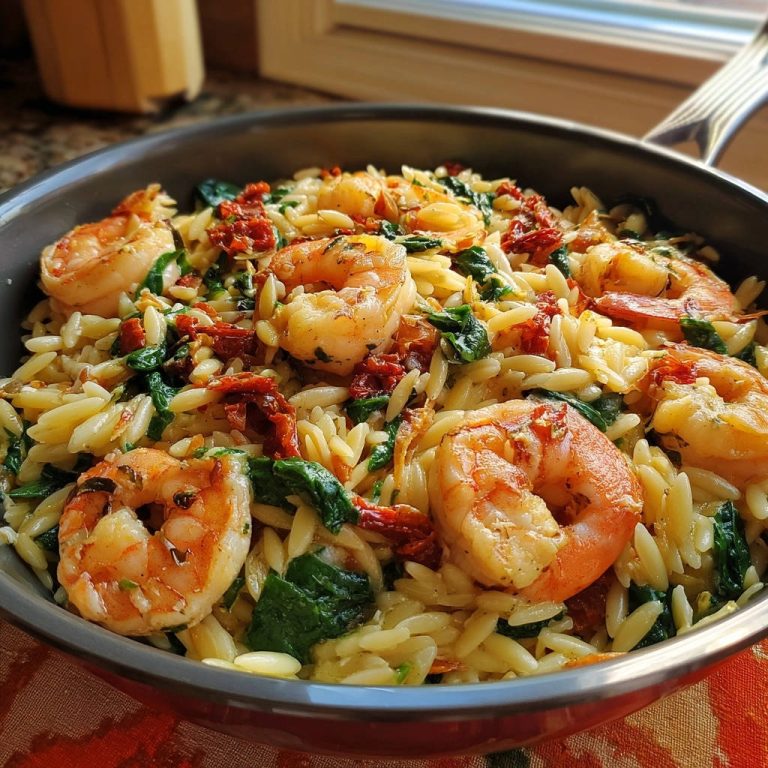 Garnelen-Orzo mit Spinat und getrockneten Tomaten in einer Pfanne aus der Nähe aufgenommen.